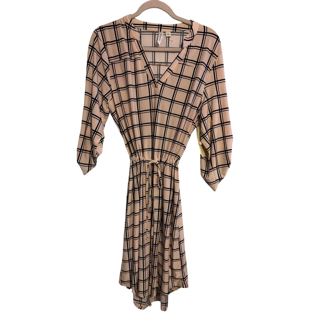 Tacera Women's Cream Black Plaid Long Sleeve‎ Drawstring Shirt Dress Size L NWT